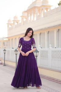 Azorte Fashion Premium Designer Gown | Faux Blooming | Zari & Sequins Embroidery | 12M Flair - PRL, M