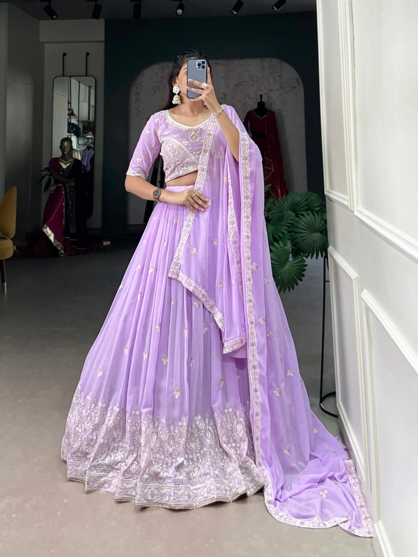 Azorte Fashion Lavender Georgette Embroidered Lehenga Choli with Sequins Work - Stitched, Unstitched