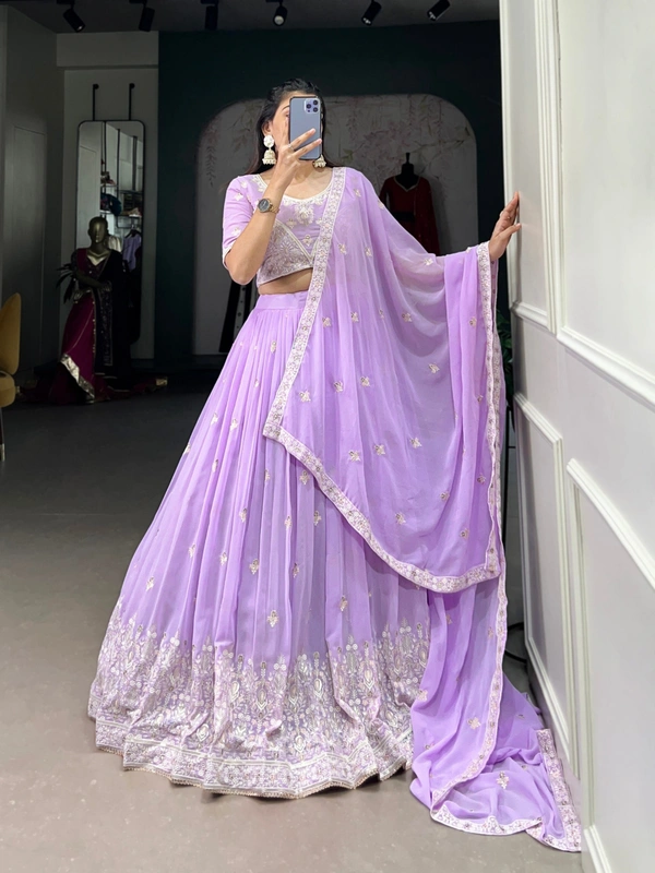 Azorte Fashion Lavender Georgette Embroidered Lehenga Choli with Sequins Work - Stitched, Unstitched