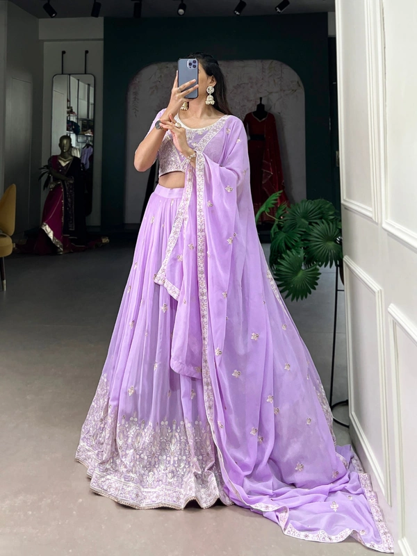 Azorte Fashion Lavender Georgette Embroidered Lehenga Choli with Sequins Work - Stitched, Unstitched