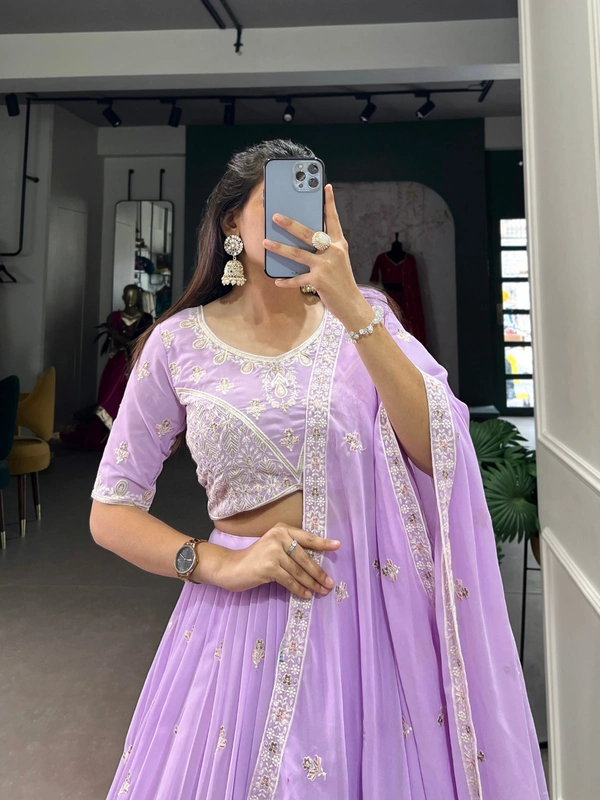 Azorte Fashion Lavender Georgette Embroidered Lehenga Choli with Sequins Work - Stitched, Unstitched