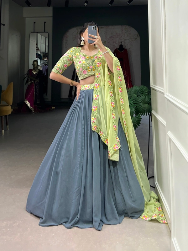 Azorte Fashion Gray & Pista Georgette Embroidered Lehenga Choli with Sequins Wor - Stitched, Unstitched