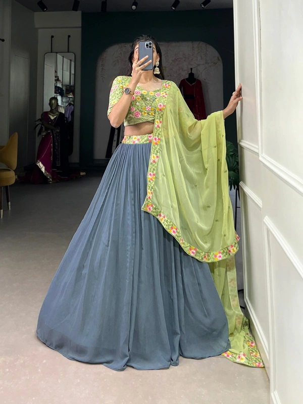 Azorte Fashion Gray & Pista Georgette Embroidered Lehenga Choli with Sequins Wor - Stitched, Unstitched