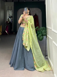 Azorte Fashion Gray & Pista Georgette Embroidered Lehenga Choli with Sequins Wor - Stitched, Unstitched