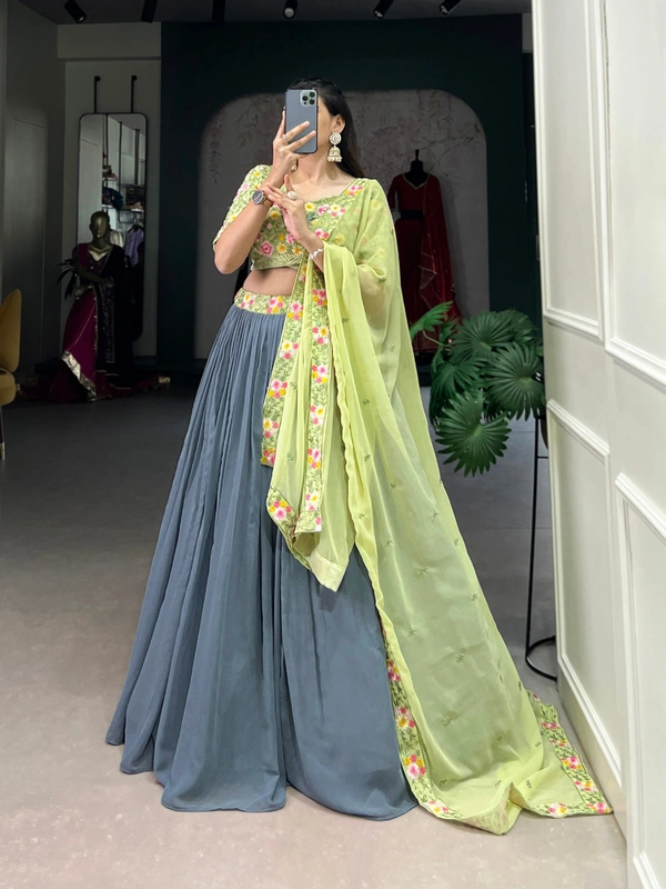 Azorte Fashion Gray & Pista Georgette Embroidered Lehenga Choli with Sequins Wor - Stitched, Unstitched
