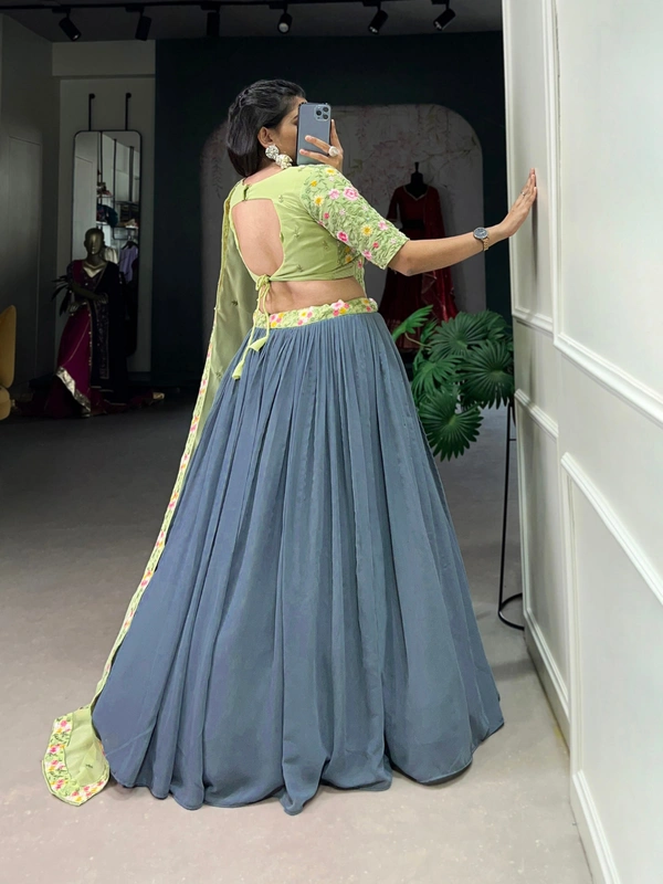 Azorte Fashion Gray & Pista Georgette Embroidered Lehenga Choli with Sequins Wor - Stitched, Unstitched
