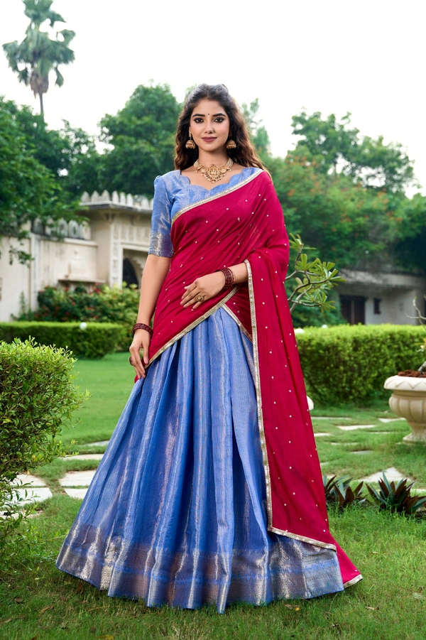 Azorte Fashion Kanchipuram Silk Lehenga Choli with Zari Weaving & Embroidered Dupatta - Idg, Stitched, Unstitched