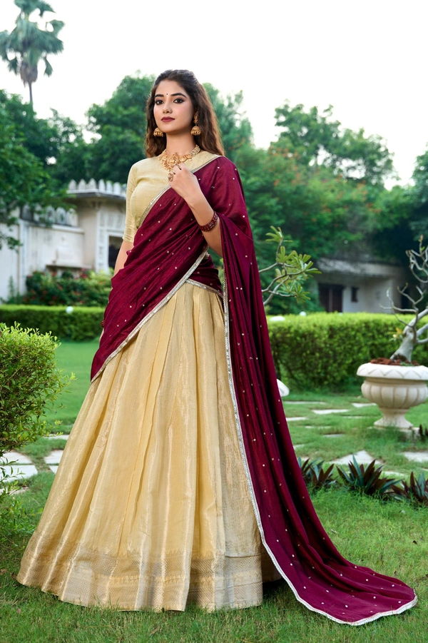 Azorte Fashion Kanchipuram Silk Lehenga Choli with Zari Weaving & Embroidered Dupatta - CRM, Stitched, Unstitched