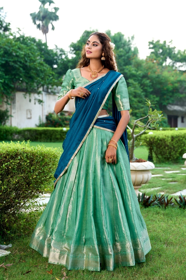 Azorte Fashion Kanchipuram Silk Lehenga Choli with Zari Weaving & Embroidered Dupatta - Aqua, Stitched, Unstitched