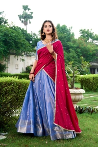 Azorte Fashion Kanchipuram Silk Lehenga Choli with Zari Weaving & Embroidered Dupatta - Idg, Stitched, Unstitched