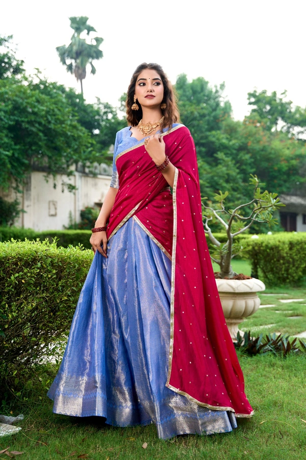 Azorte Fashion Kanchipuram Silk Lehenga Choli with Zari Weaving & Embroidered Dupatta - Idg, Stitched, Unstitched