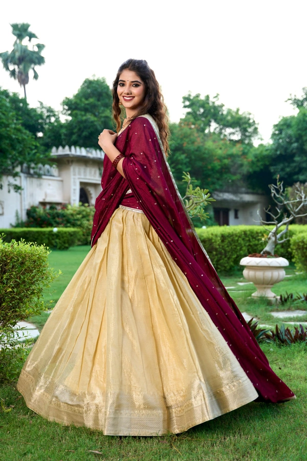 Azorte Fashion Kanchipuram Silk Lehenga Choli with Zari Weaving & Embroidered Dupatta - CRM, Stitched, Unstitched