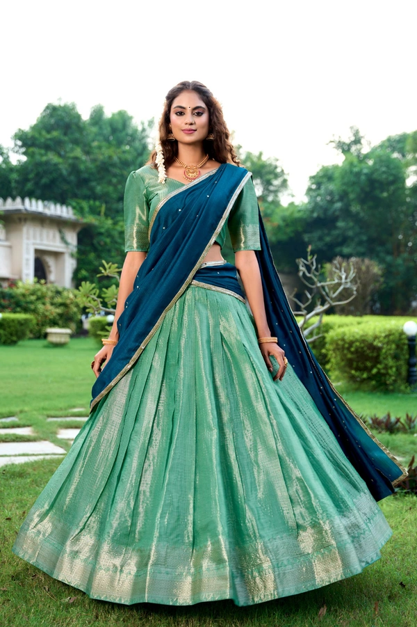 Azorte Fashion Kanchipuram Silk Lehenga Choli with Zari Weaving & Embroidered Dupatta - Aqua, Stitched, Unstitched