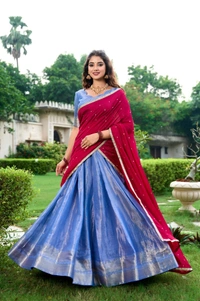 Azorte Fashion Kanchipuram Silk Lehenga Choli with Zari Weaving & Embroidered Dupatta - Idg, Stitched, Unstitched