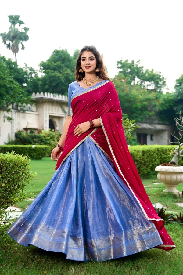 Azorte Fashion Kanchipuram Silk Lehenga Choli with Zari Weaving & Embroidered Dupatta - Idg, Stitched, Unstitched