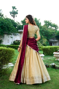 Azorte Fashion Kanchipuram Silk Lehenga Choli with Zari Weaving & Embroidered Dupatta - CRM, Stitched, Unstitched