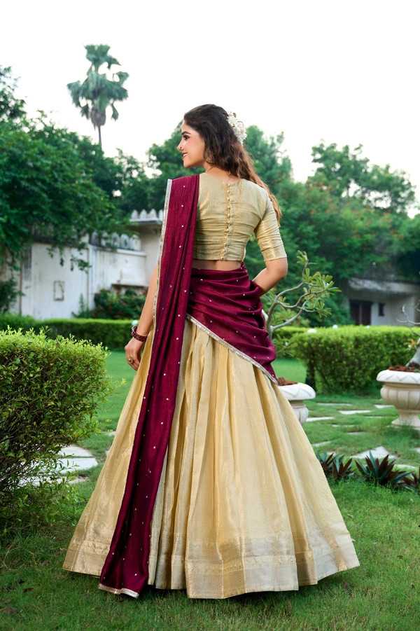 Azorte Fashion Kanchipuram Silk Lehenga Choli with Zari Weaving & Embroidered Dupatta - CRM, Stitched, Unstitched