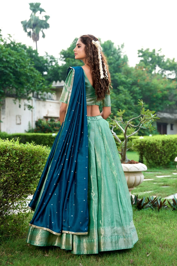 Azorte Fashion Kanchipuram Silk Lehenga Choli with Zari Weaving & Embroidered Dupatta - Aqua, Stitched, Unstitched