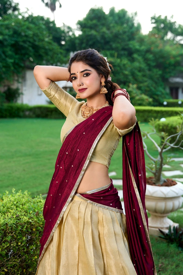 Azorte Fashion Kanchipuram Silk Lehenga Choli with Zari Weaving & Embroidered Dupatta - CRM, Stitched, Unstitched