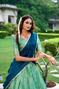 Azorte Fashion Kanchipuram Silk Lehenga Choli with Zari Weaving & Embroidered Dupatta - Aqua, Stitched, Unstitched