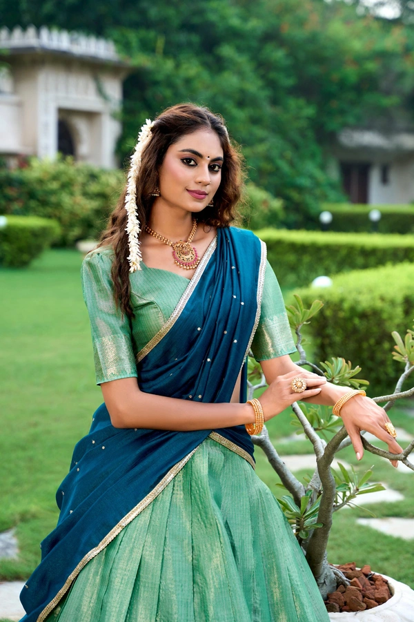 Azorte Fashion Kanchipuram Silk Lehenga Choli with Zari Weaving & Embroidered Dupatta - Aqua, Stitched, Unstitched