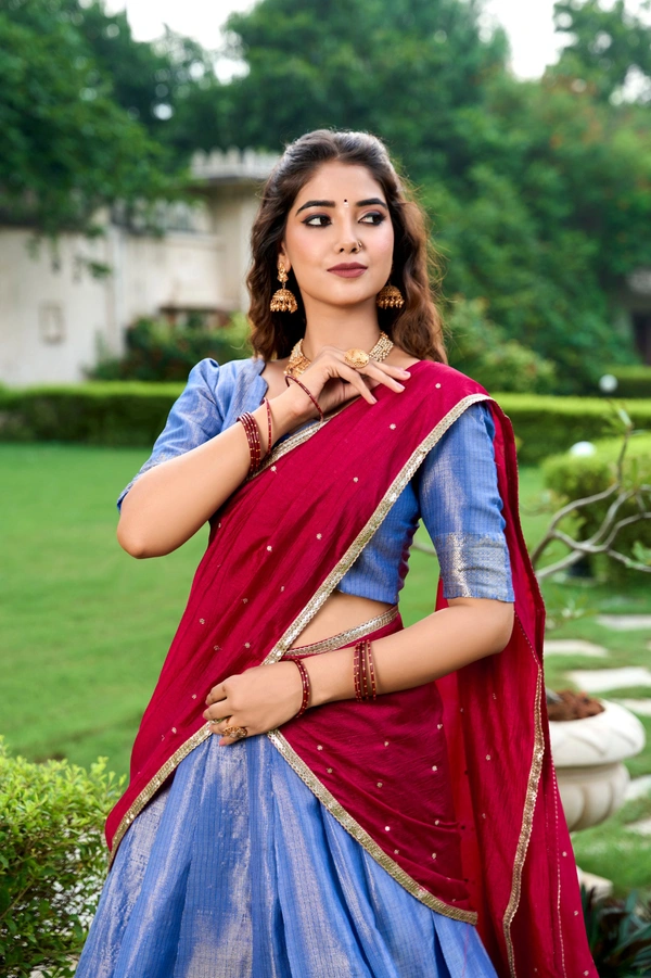 Azorte Fashion Kanchipuram Silk Lehenga Choli with Zari Weaving & Embroidered Dupatta - Idg, Stitched, Unstitched