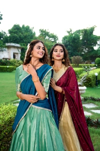 Azorte Fashion Kanchipuram Silk Lehenga Choli with Zari Weaving & Embroidered Dupatta - Aqua, Stitched, Unstitched