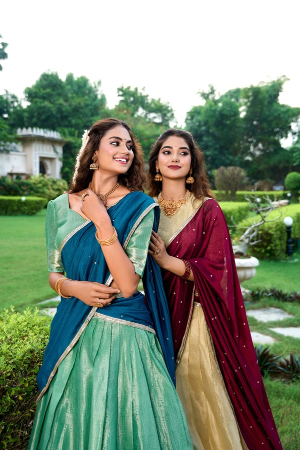Azorte Fashion Kanchipuram Silk Lehenga Choli with Zari Weaving & Embroidered Dupatta - Aqua, Stitched, Unstitched