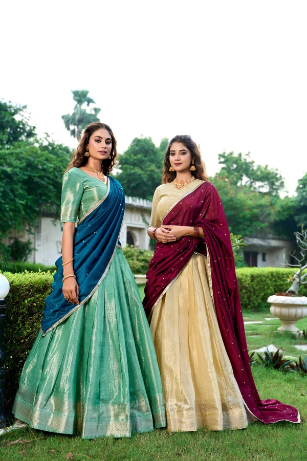 Azorte Fashion Kanchipuram Silk Lehenga Choli with Zari Weaving & Embroidered Dupatta - CRM, Stitched, Unstitched