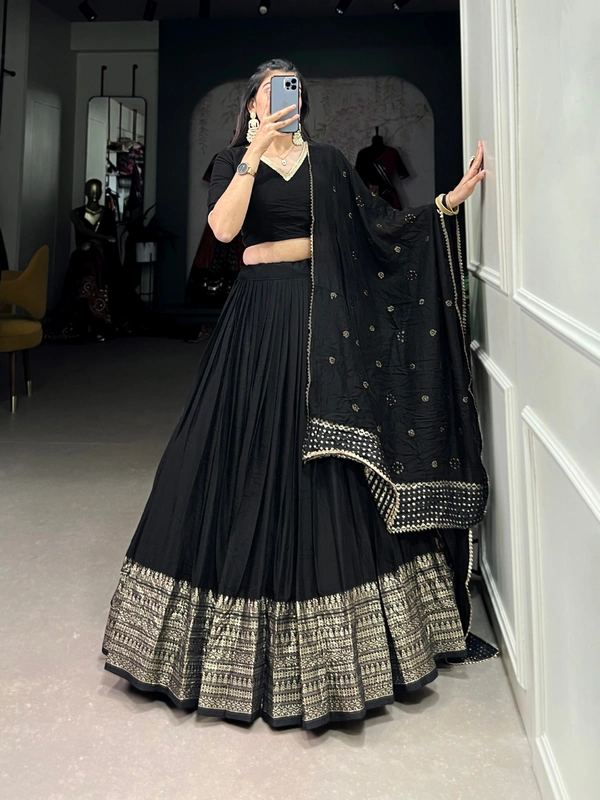 Azorte Fashion Pure Chanderi Lehenga Choli with Zari Border & Sequin Embroidered Dupatta - Black, Stitched, Unstitched