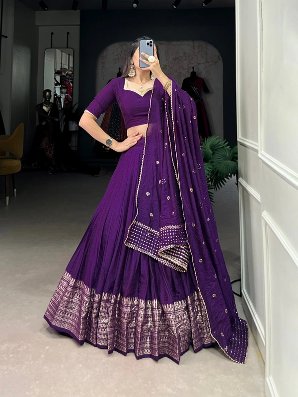Azorte Fashion Pure Chanderi Lehenga Choli with Zari Border & Sequin Embroidered Dupatta - PRL, Stitched, Unstitched