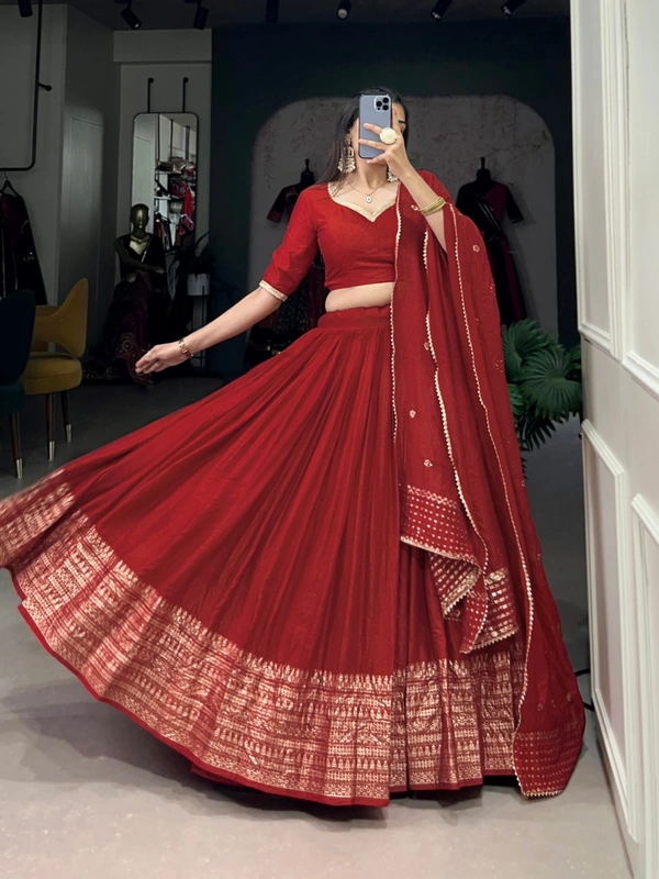 Azorte Fashion Pure Chanderi Lehenga Choli with Zari Border & Sequin Embroidered Dupatta - BRK, Stitched, Unstitched