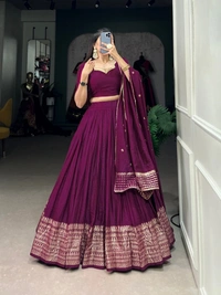 Azorte Fashion Pure Chanderi Lehenga Choli with Zari Border & Sequin Embroidered Dupatta - LOU, Stitched, Unstitched
