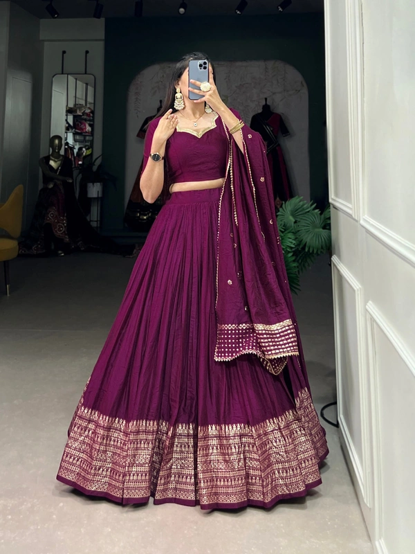 Azorte Fashion Pure Chanderi Lehenga Choli with Zari Border & Sequin Embroidered Dupatta - LOU, Stitched, Unstitched