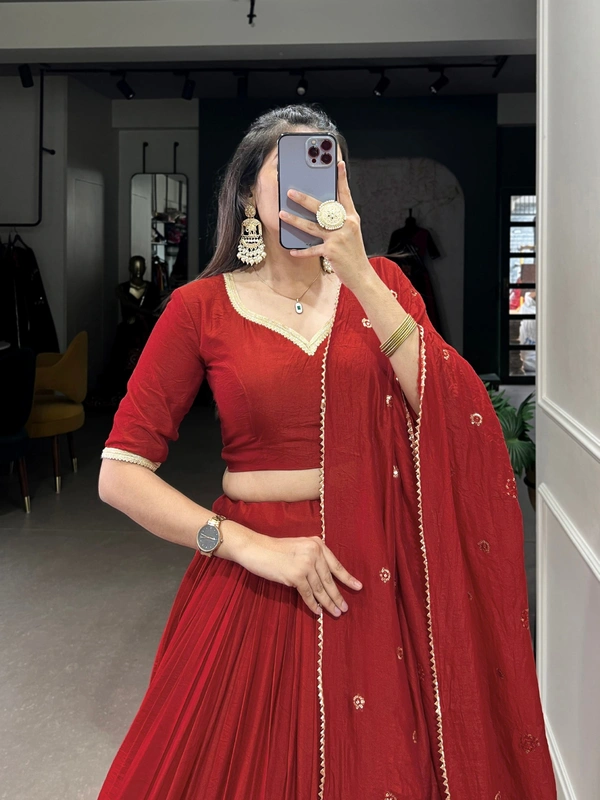 Azorte Fashion Pure Chanderi Lehenga Choli with Zari Border & Sequin Embroidered Dupatta - BRK, Stitched, Unstitched