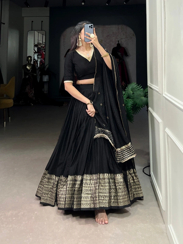 Azorte Fashion Pure Chanderi Lehenga Choli with Zari Border & Sequin Embroidered Dupatta - Black, Stitched, Unstitched