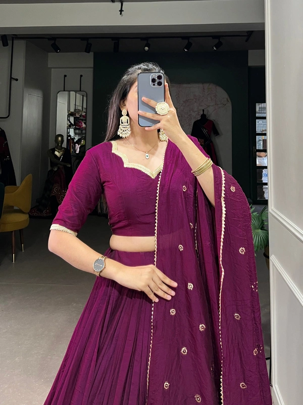 Azorte Fashion Pure Chanderi Lehenga Choli with Zari Border & Sequin Embroidered Dupatta - LOU, Stitched, Unstitched