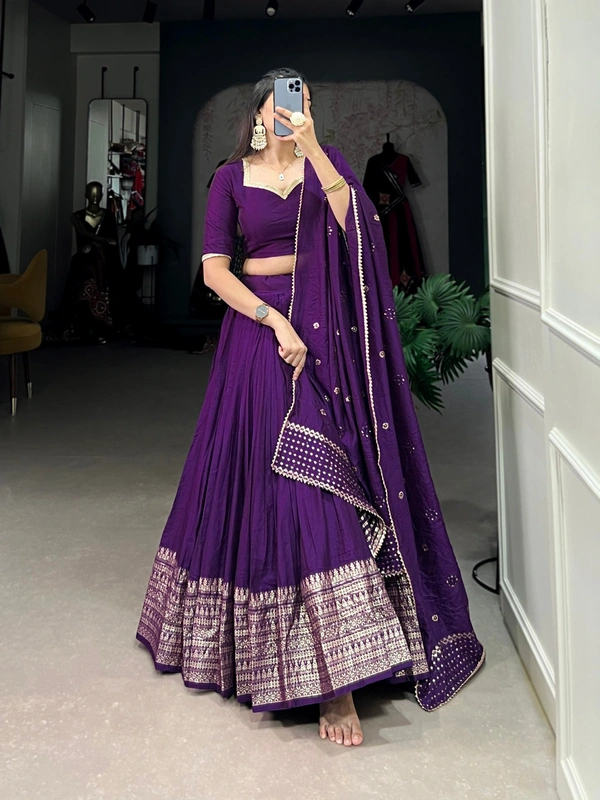 Azorte Fashion Pure Chanderi Lehenga Choli with Zari Border & Sequin Embroidered Dupatta - PRL, Stitched, Unstitched