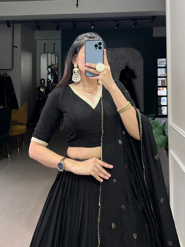 Azorte Fashion Pure Chanderi Lehenga Choli with Zari Border & Sequin Embroidered Dupatta - Black, Stitched, Unstitched