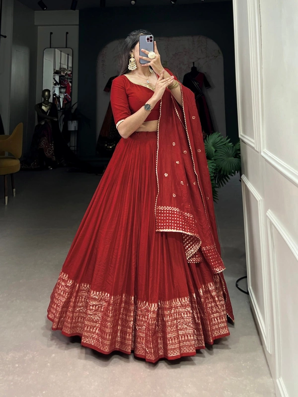 Azorte Fashion Pure Chanderi Lehenga Choli with Zari Border & Sequin Embroidered Dupatta - BRK, Stitched, Unstitched