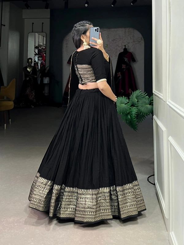 Azorte Fashion Pure Chanderi Lehenga Choli with Zari Border & Sequin Embroidered Dupatta - Black, Stitched, Unstitched