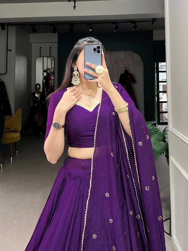 Azorte Fashion Pure Chanderi Lehenga Choli with Zari Border & Sequin Embroidered Dupatta - PRL, Stitched, Unstitched
