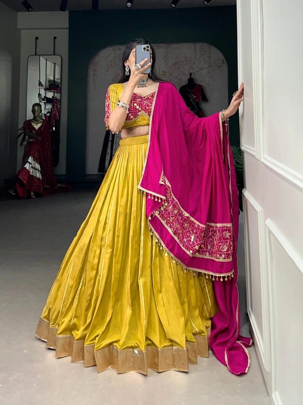 Azorte Fashion Chanderi Silk Navratri Lehenga Choli with Zari & Gota Patti Work - GDN, Stitched, Unstitched
