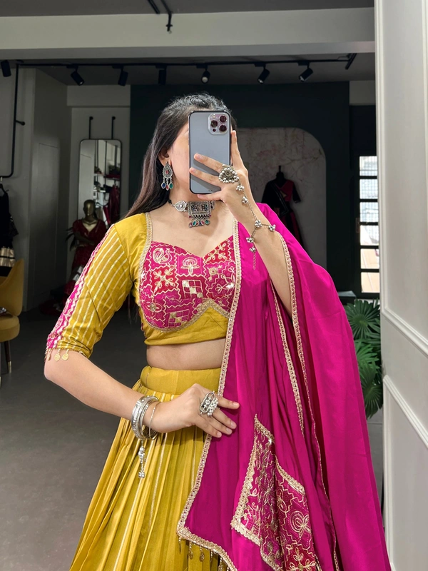 Azorte Fashion Chanderi Silk Navratri Lehenga Choli with Zari & Gota Patti Work - GDN, Stitched, Unstitched