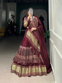 Azorte Fashion Gaji Silk Lehenga Choli Set | Digital Print & Lagadi Patta | Tassel Dupatta - BCR, Stitched, Unstitched