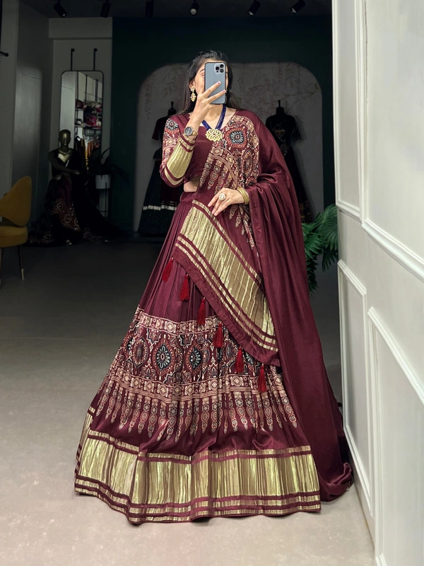 Azorte Fashion Gaji Silk Lehenga Choli Set | Digital Print & Lagadi Patta | Tassel Dupatta - BCR, Stitched, Unstitched
