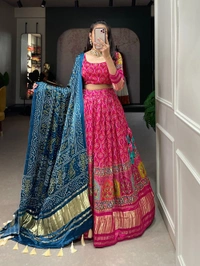 Azorte Fashion Gaji Silk Lehenga Choli Set | Digital Print & Lagadi Patta | Tassel Dupatta - BLU, Stitched, Unstitched
