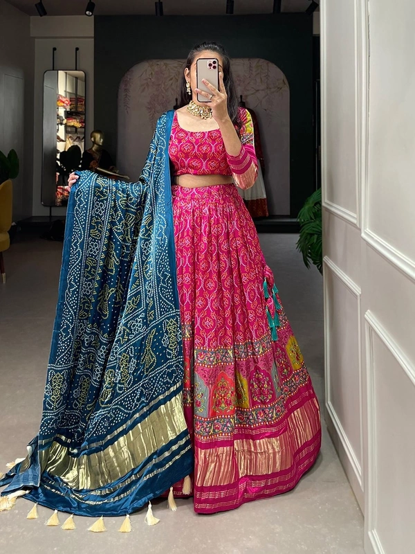 Azorte Fashion Gaji Silk Lehenga Choli Set | Digital Print & Lagadi Patta | Tassel Dupatta - BLU, Stitched, Unstitched