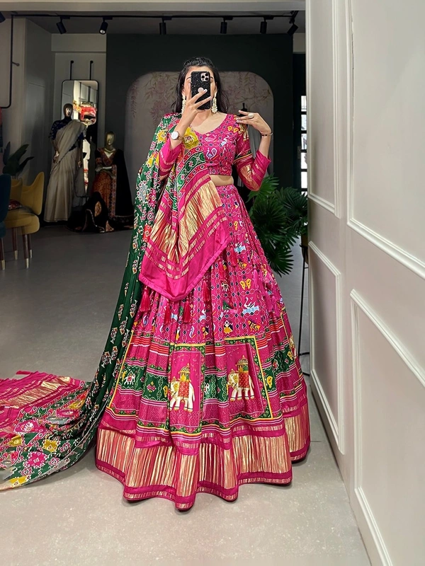 Azorte Fashion Gaji Silk Lehenga Choli Set | Digital Print & Lagadi Patta | Tassel Dupatta - MRN, Stitched, Unstitched