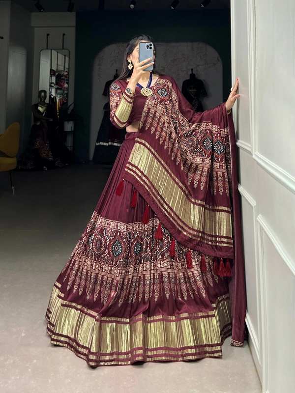 Azorte Fashion Gaji Silk Lehenga Choli Set | Digital Print & Lagadi Patta | Tassel Dupatta - BCR, Stitched, Unstitched